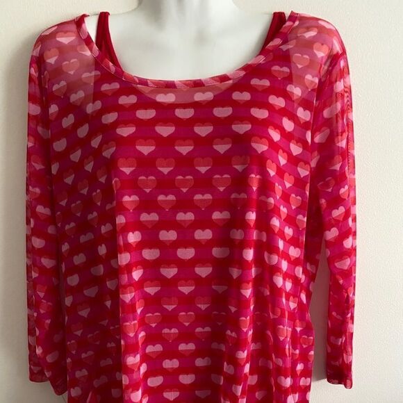 Sheer Pink & Red Heart Print Long Sleeve Tunic/Red Camisole - Picture 1 of 5